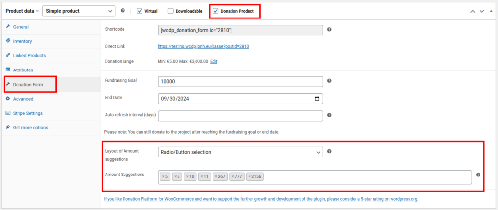 Enter different donation amount suggestions in the product settings.
