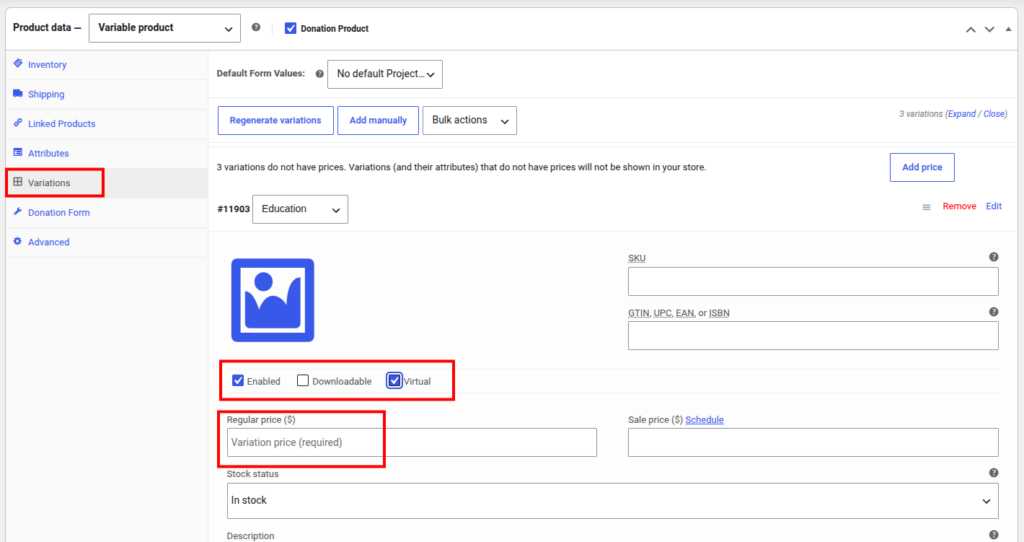Create Variation subproducts