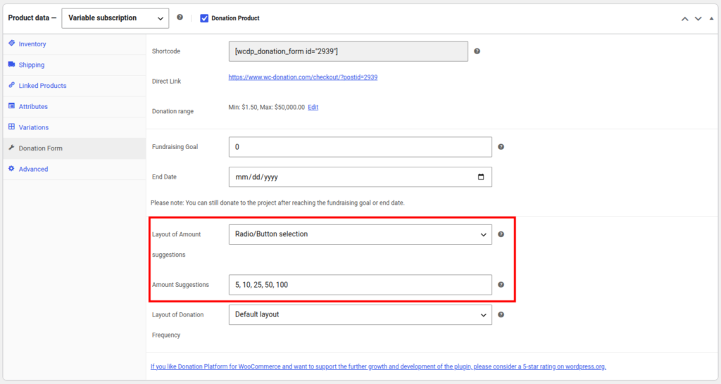 Donation product settings
