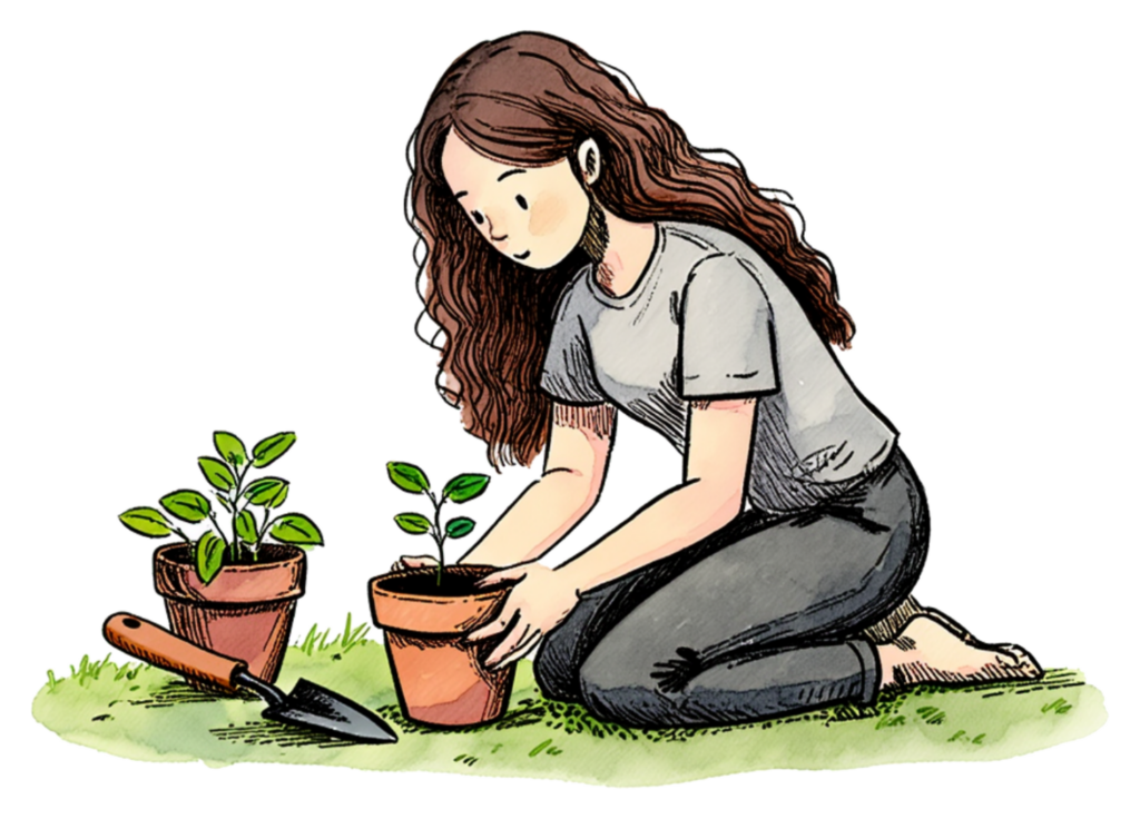 Illustration of a woman planting a seedling in a pot