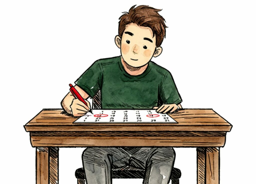 Illustration of a person marking multiple dates in a calendar